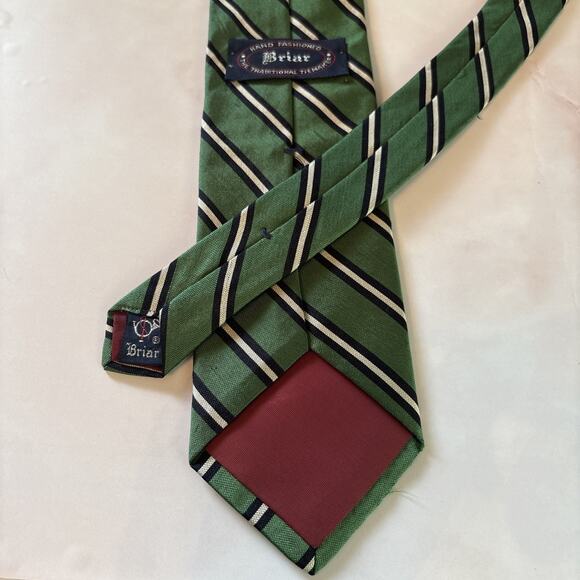Briar England Necktie Silk‎ Green Navy Stripe Preppy Furman’s Michigan - Picture 2 of 5